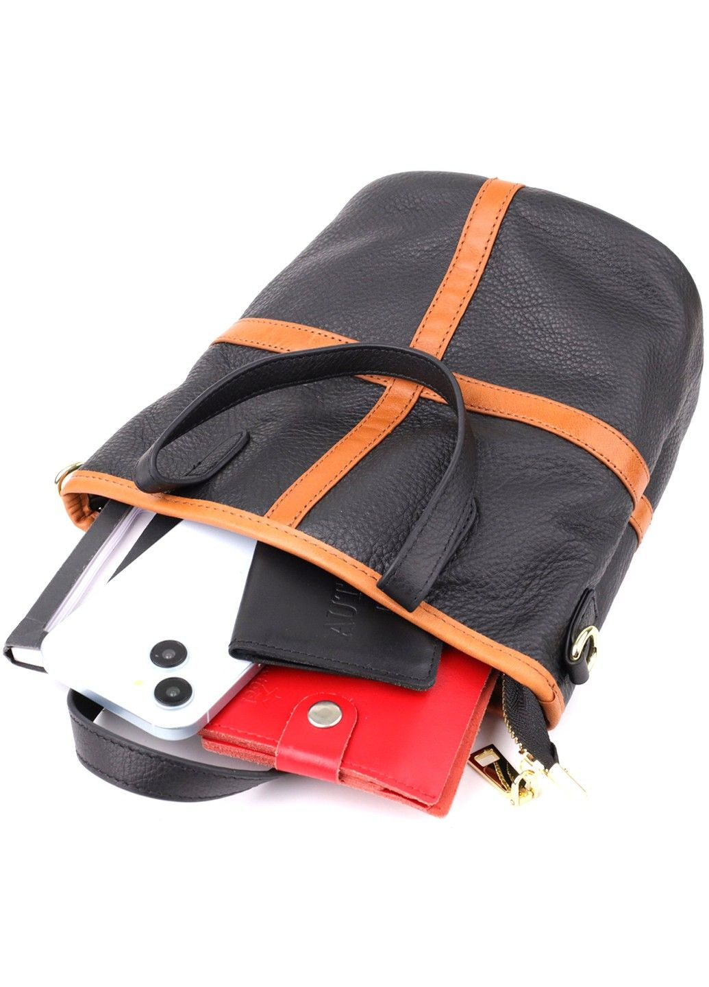 Женская кожаная сумка с коричневой вставкой на лицевой стороне 22997 Черный Vintage (356452161)