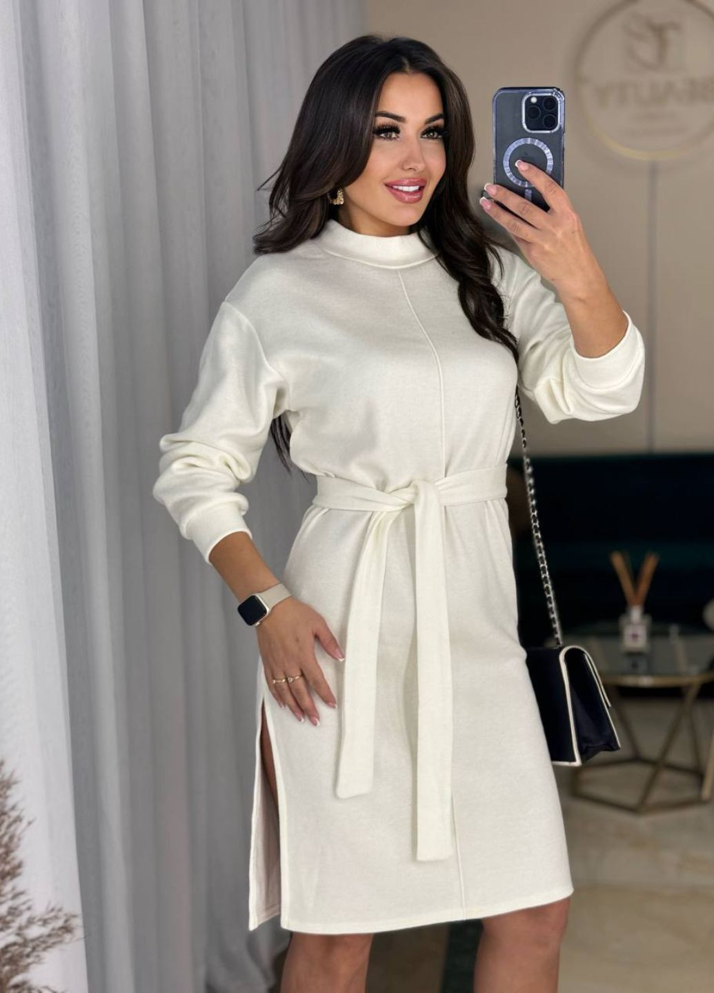 Молочное повседневный миди платье с разрезами и поясом Allthings меланжевое