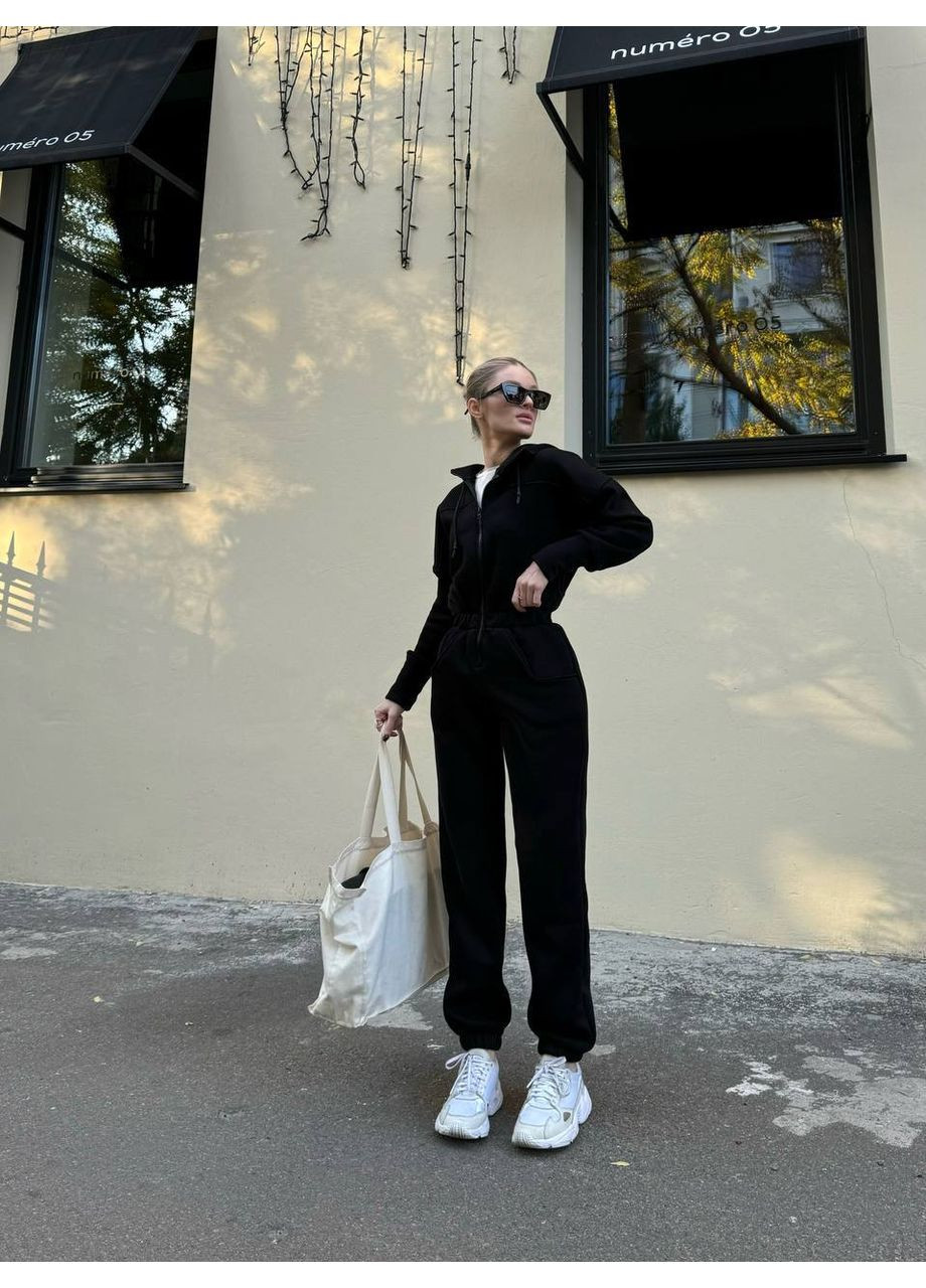 Комбинезон No Brand комбинезон-брюки однотонный чёрный спортивный, кэжуал трехнитка с начесом