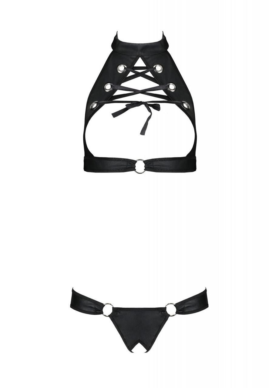 Чорний демісезонний комплект: відкритий топ і трусики з екошкіри з люверсами malwia set 6xl/7xl — Passion