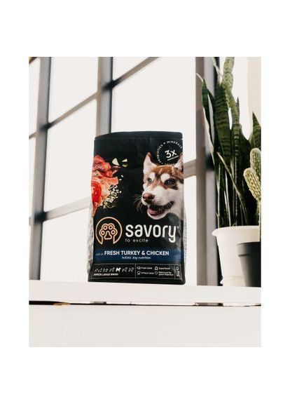 Сухий корм для юніорів великих порід, зі свіжою індичкою і куркою, 3 кг Savory (349823364)
