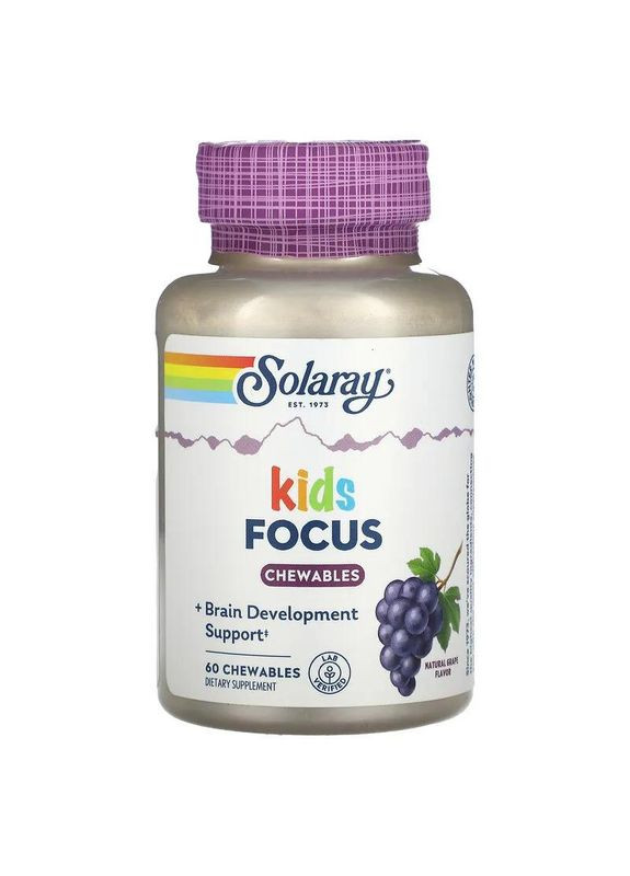 Развитие мозга для детей, вкус натурального винограда, Focus For Children,, Kids, 60 жевательных таблеток 2539 Solaray (364195057)