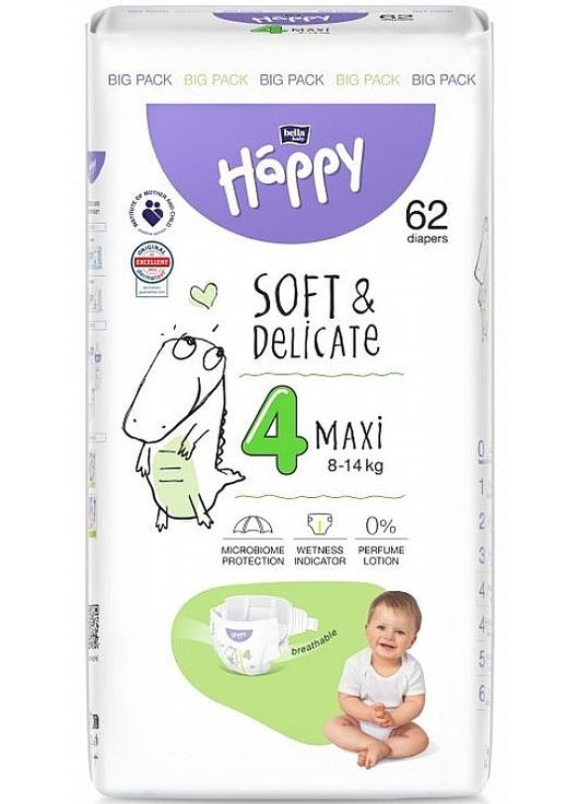 Дитячі підгузки 8-14 кг, розмір 4 Maxi, 62 шт. Happy Soft & Delicate 62шт (1274117-31160406) Bella Baby (365821721)