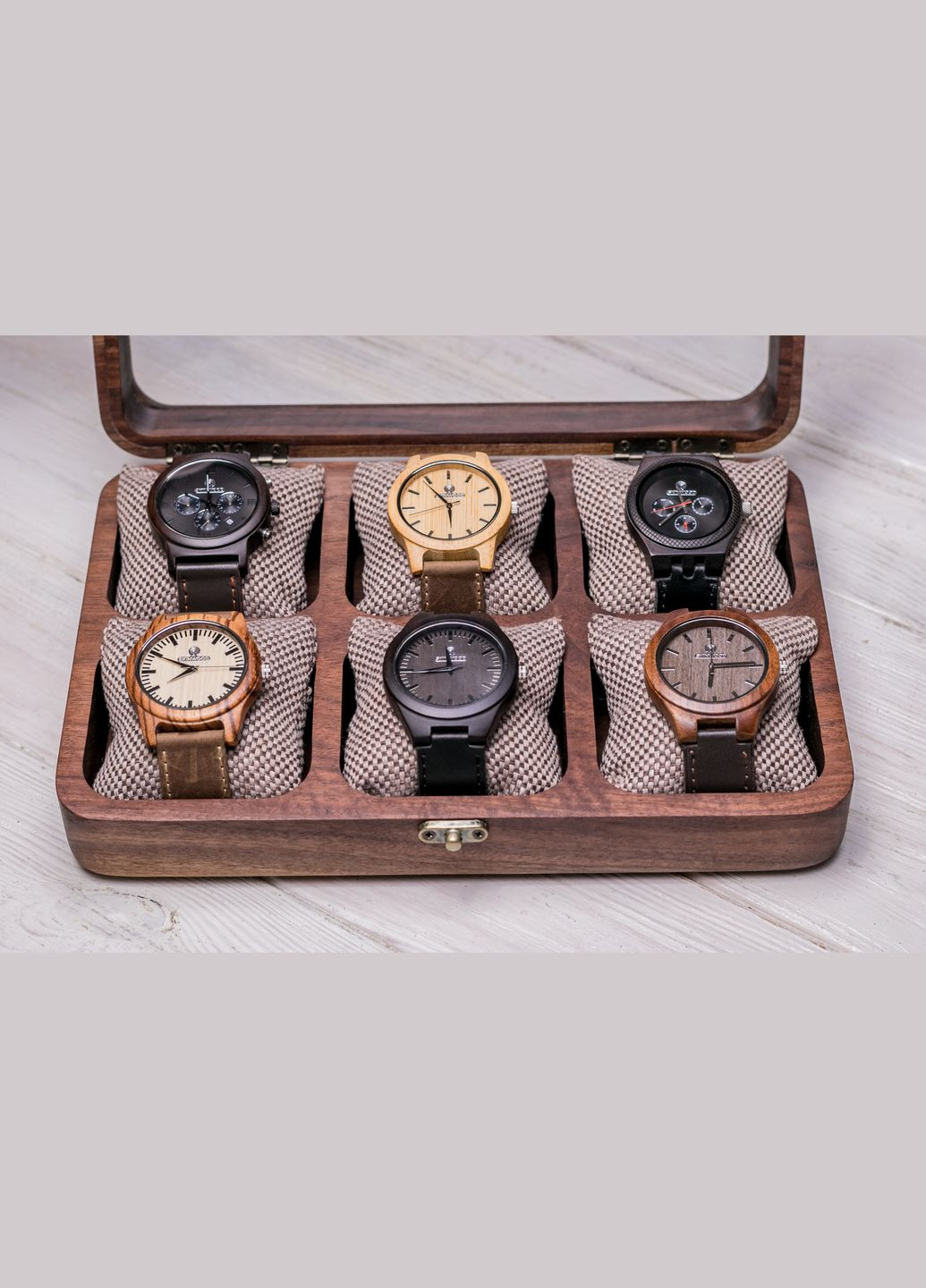 Цільна скринька для шести годинників зі скляною кришкою EcoWalnut (295443826)
