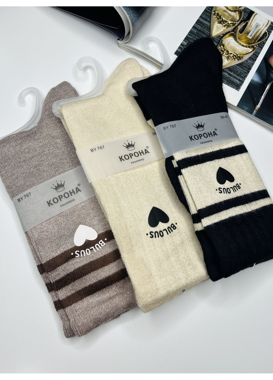 Комбіновані кашемірові високі шкарпетки набір 3 пари з сердечками Корона сердечка (360898020)