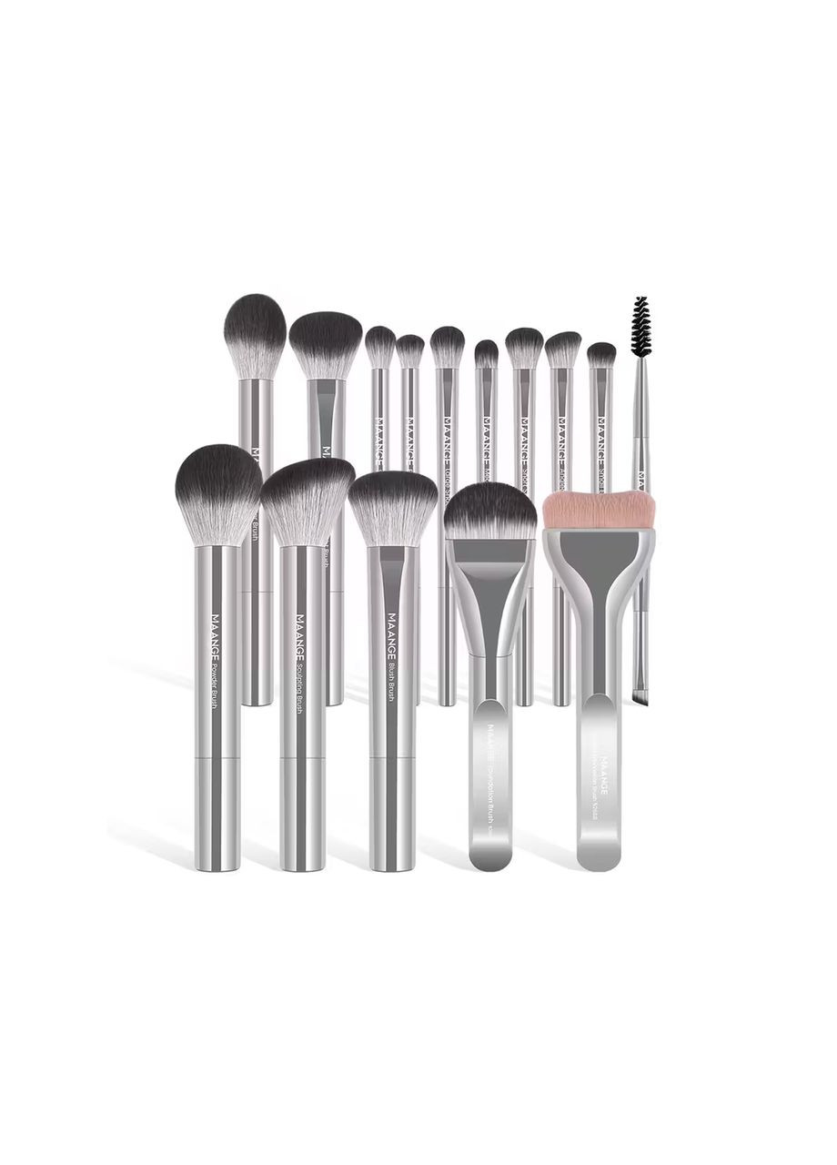 Набір пензлів для макіяжу MAANGE 15 шт. для сухих та вологих текстур, штучний ворс, Срібло China (369930315)
