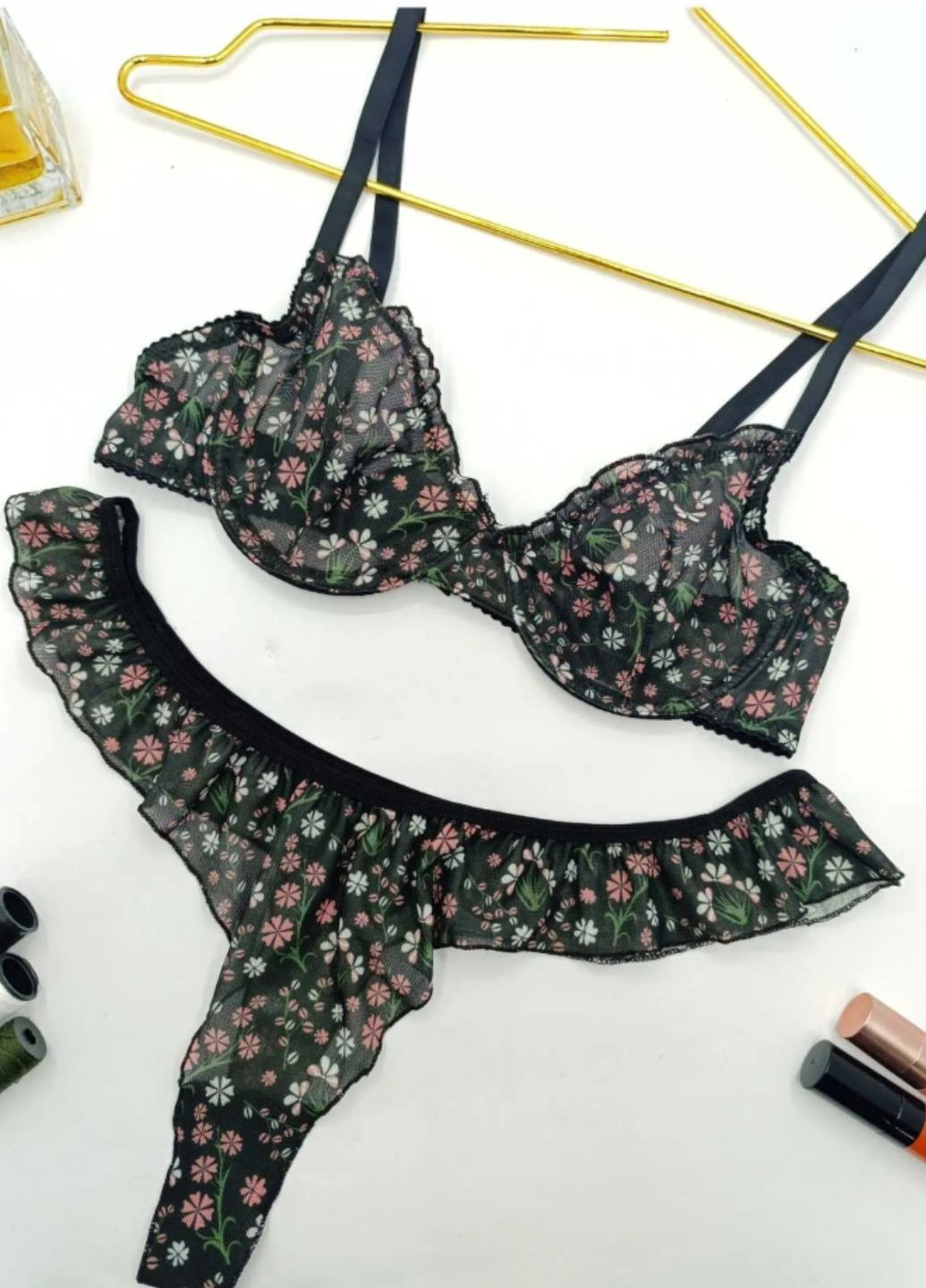 Черный демисезонный женский комплект нижнего белья в сеточку black flowers (1728 01) 75 BLUE AVCI