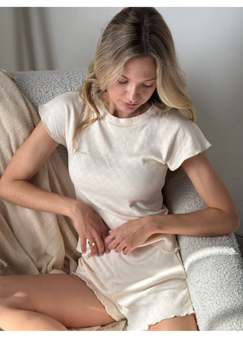 Молочная всесезон нежнейшая пижама из ажурного хлопка | ткань 100% натуральная | в комплекте футболка+шорты | замеры ниже топ + шорты Vione