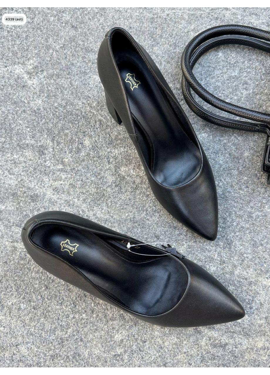 No Brand Жіночі стильні натуральні шкіряні туфлі на стійких підборах колір чорний туфлі-човники чорний з натуральна шкіра, — демісезон (360544711)