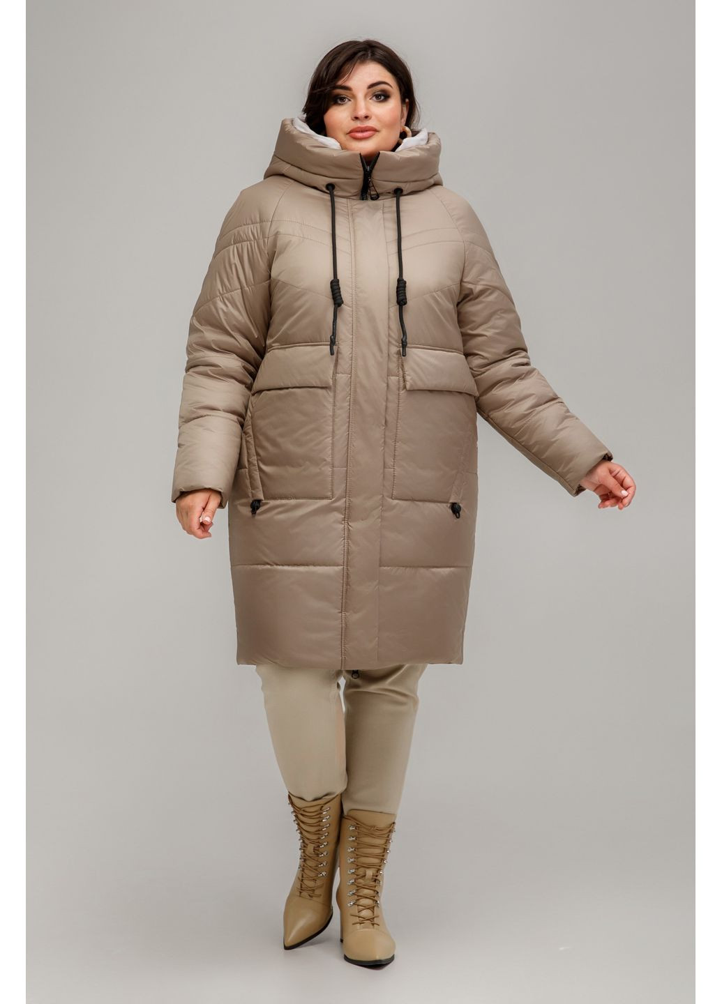 Темно-бежевая зимняя женское зимнее пальто прямого силуэта с капюшоном all posa (ap101638p) A'll Posa