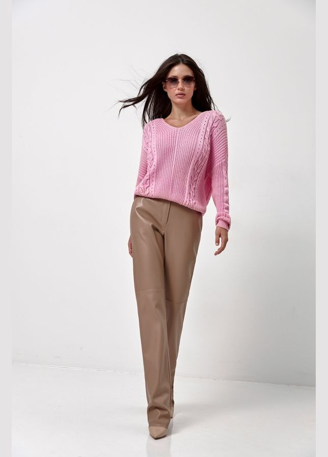 Розовый демисезонный джемпер из хлопка и вискозы с ажурными косами (2720) Triko Bakh