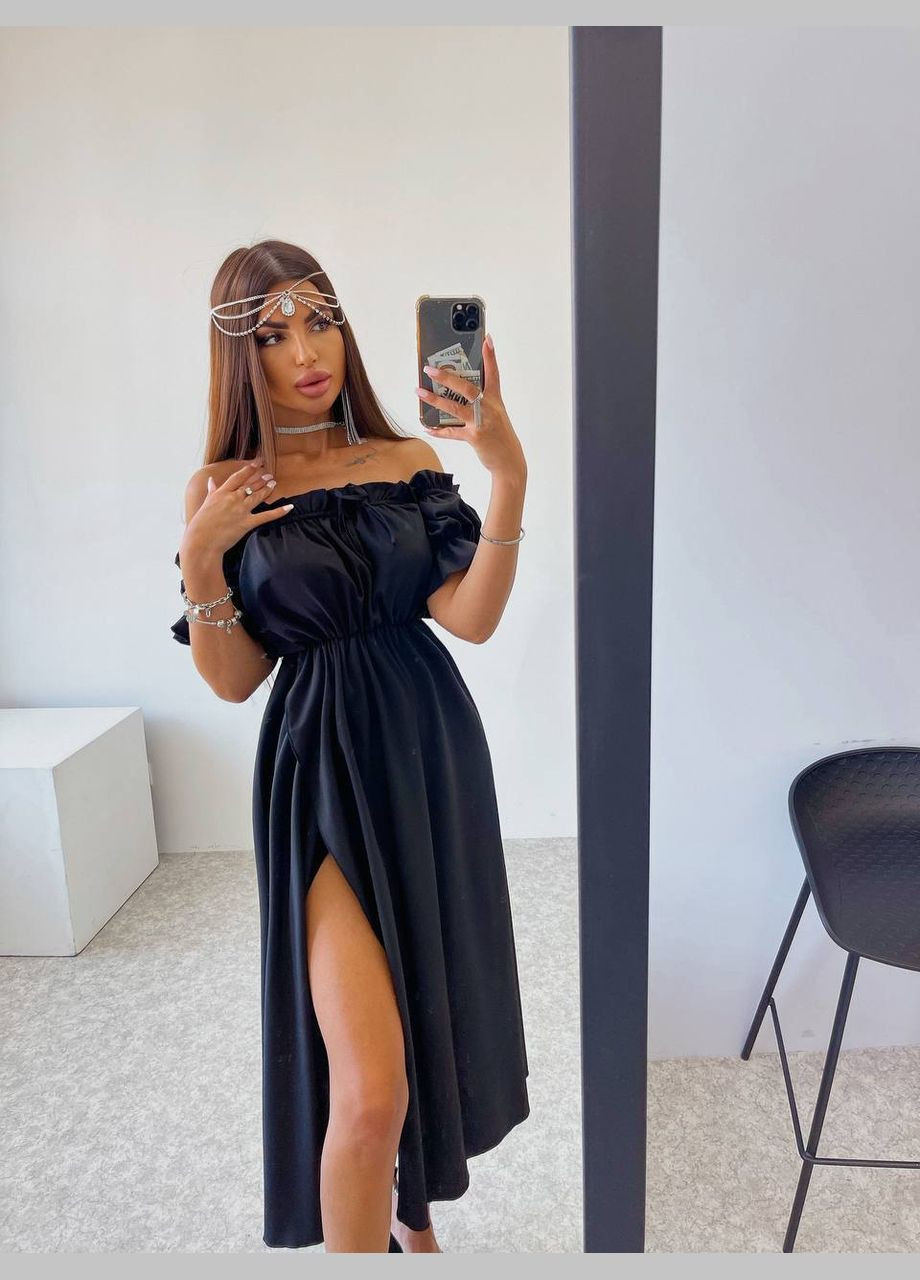 Черное вечернее платье меди с открытыми плечами с открытыми плечами MonCher