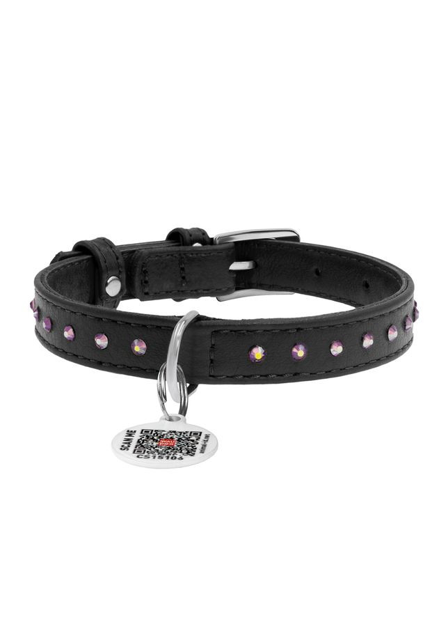 Ошейник для собак кожаный Glamour с QR паспортом, с клеевыми стразами, Ш 12 мм, Длин 21-29 см черный WAUDOG (322001874)