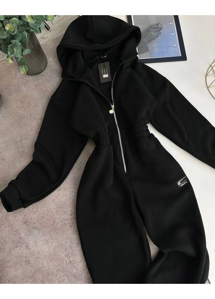 Жіночий комбінезон із довгим рукавом та капюшоном No Brand комбінезон-брюки однотонний чорний кежуал тринитка з начосом