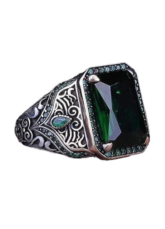 Турецкий стиль винтажное мужское кольцо байкерский перстень с большим зеленым камнем размер 20 Fashion Jewelry (290664042)