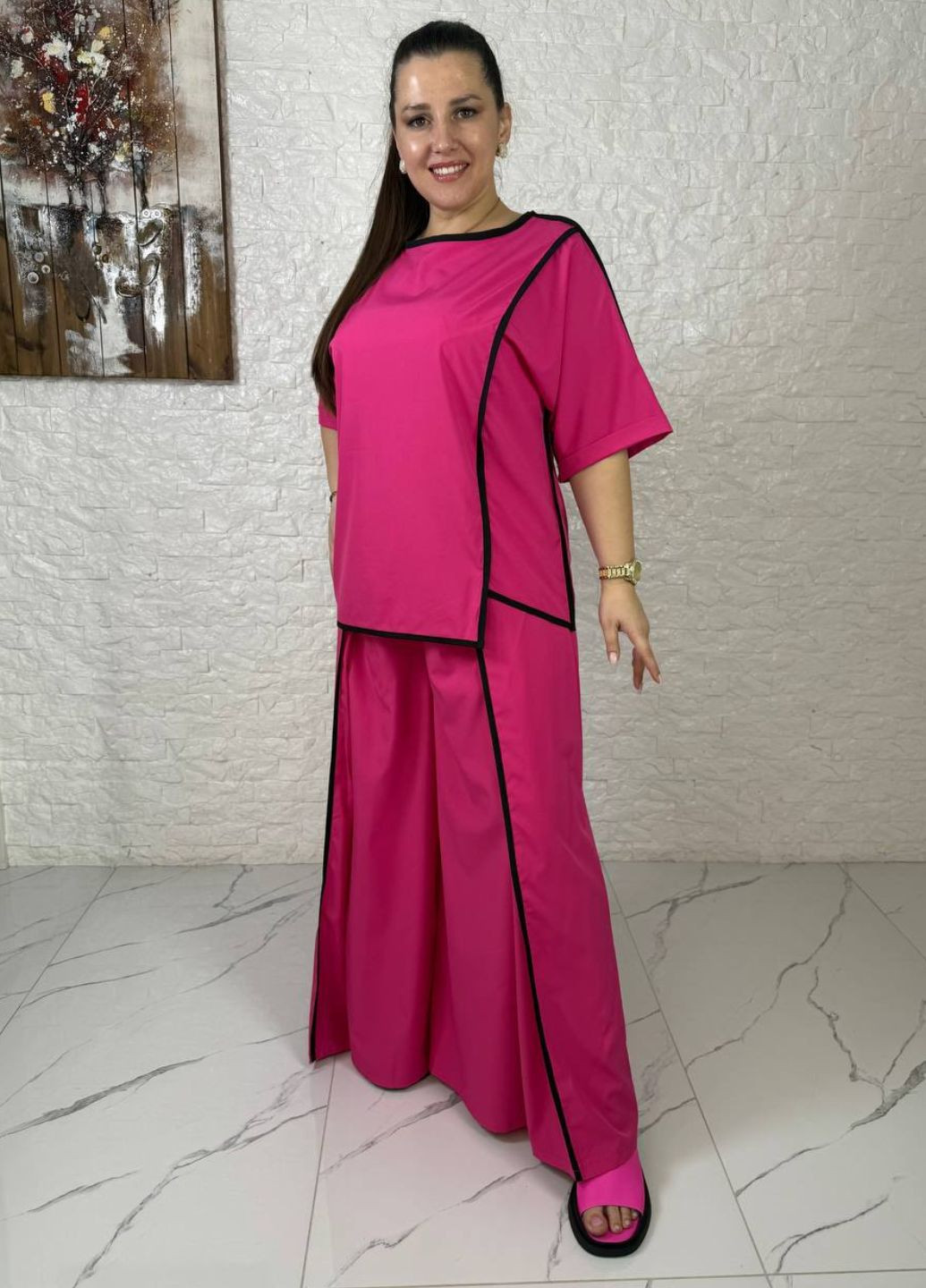 Жіночий повсякденний костюм двійка з кантом: блуза з нерівним низом та штани нахлест Україна (329369672)