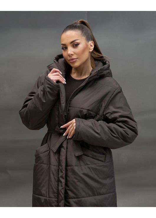 Темно-коричнева зимня довгий пуховик з капюшоном ISSA PLUS