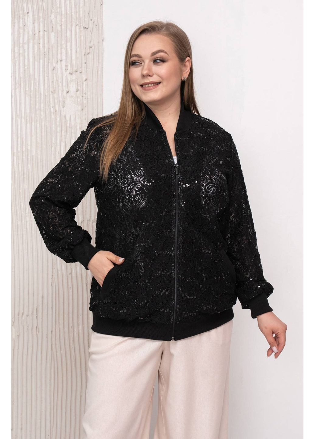 Гіпюровий бомбер ТАЛА чорний з пайетками Tatiana (349441995)