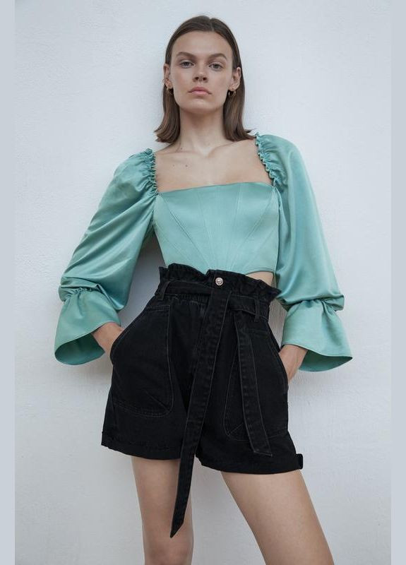 Шорты черные джинсовые на резинке paper bag fit Zara (335213308)