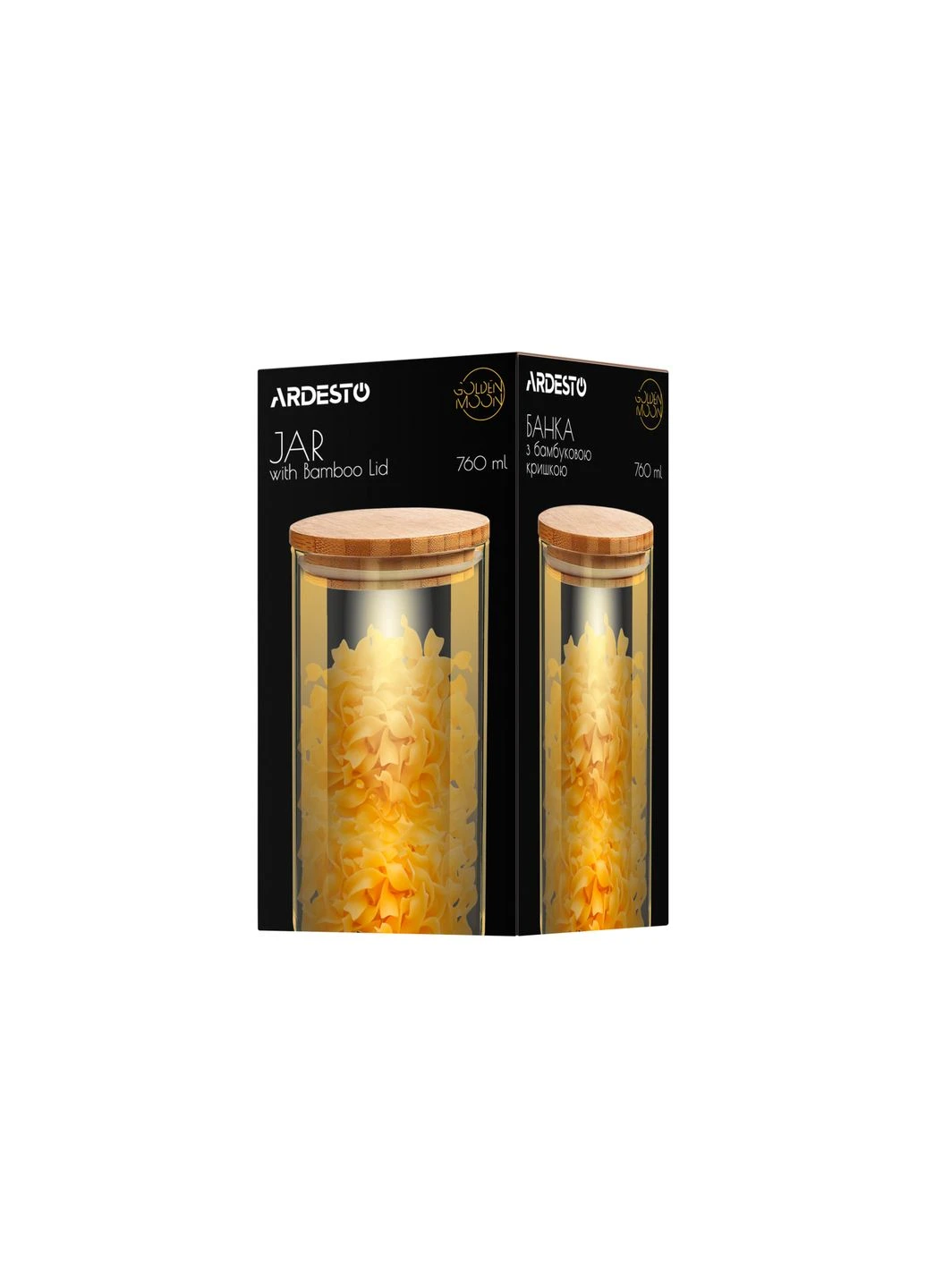 Банка для зберігання Golden Moon, 760 мл, скло, бамбук, кругла, золотистого кольору. Ardesto (381188475)