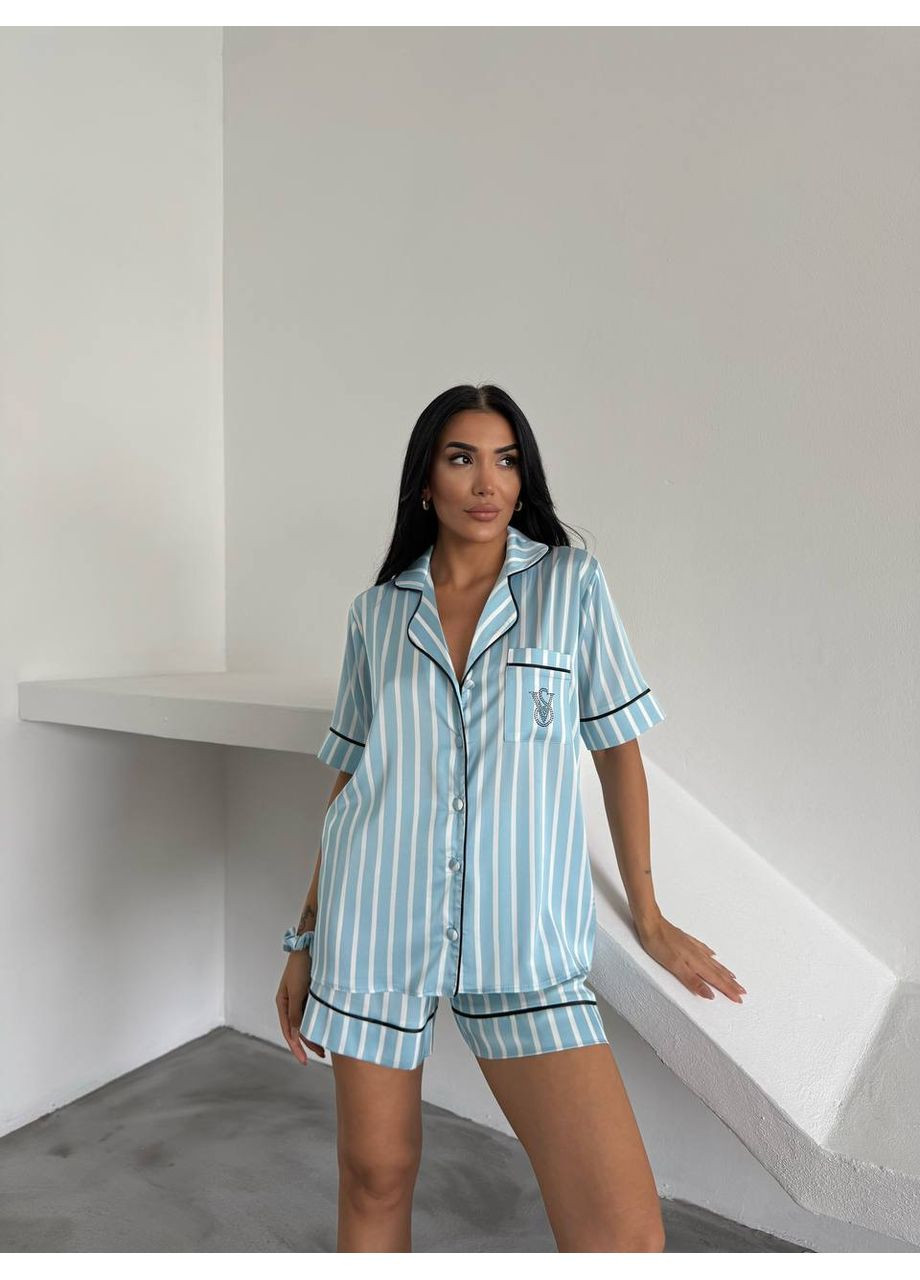 Голубая всесезон женская пижама голубая рубашка + шорты Vital-Textile 1287