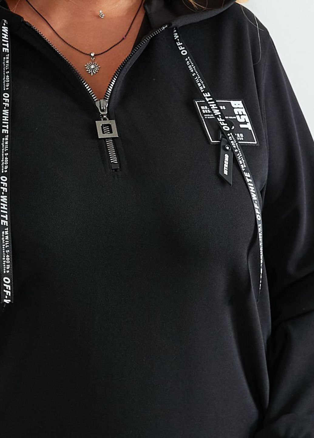 Чорна повсякденний жіноча сукня з креп-дайвінгу з капюшоном і декольте на блискавці сукня-худі Allthings однотонна