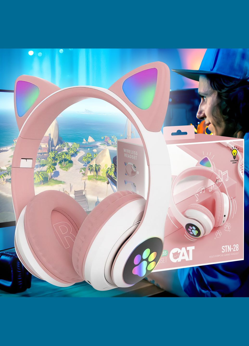 Бездротові портативні bluetooth TWS навушники з котячими вушками Cat STN-28 Рожеві No Brand (334011290)