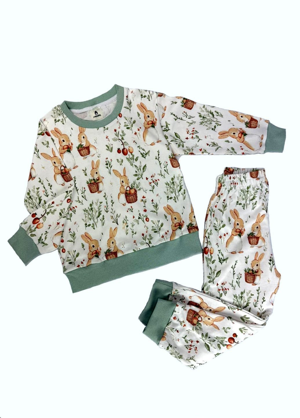 Комбинированная зимняя женская пижама трикотажная с зайчиками свитшот + брюки Мавка