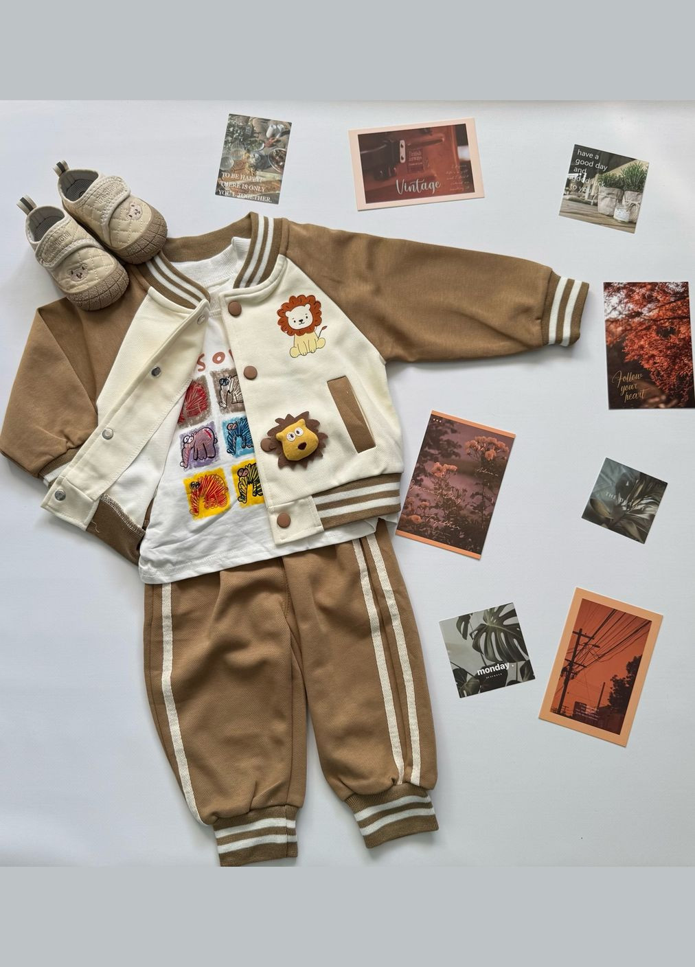 Комбінований демісезонний костюм для хлопчика трійка з левенятком колір світло-коричневий 10887 No Brand