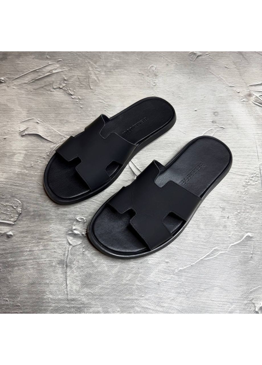 Черные шлёпанцы мужские кожаные матовые кожа No Brand