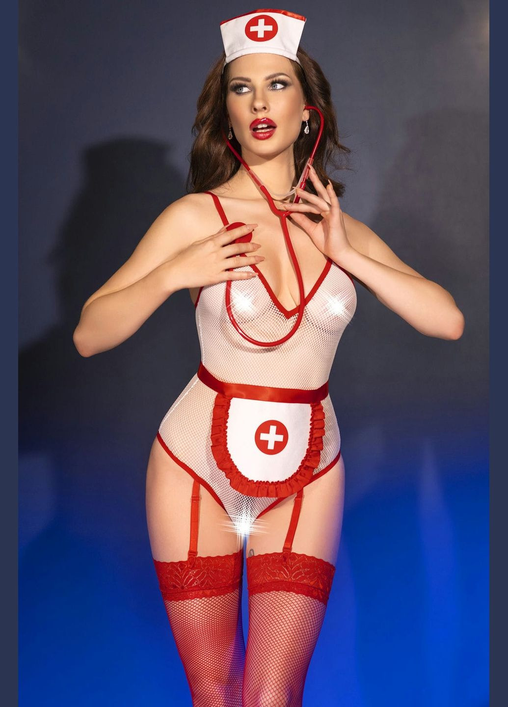 Эротический игровой костюм (боди с открытым доступом, чулки, фартук, стетоскоп, ободок на голову) Chilirose (291847368)