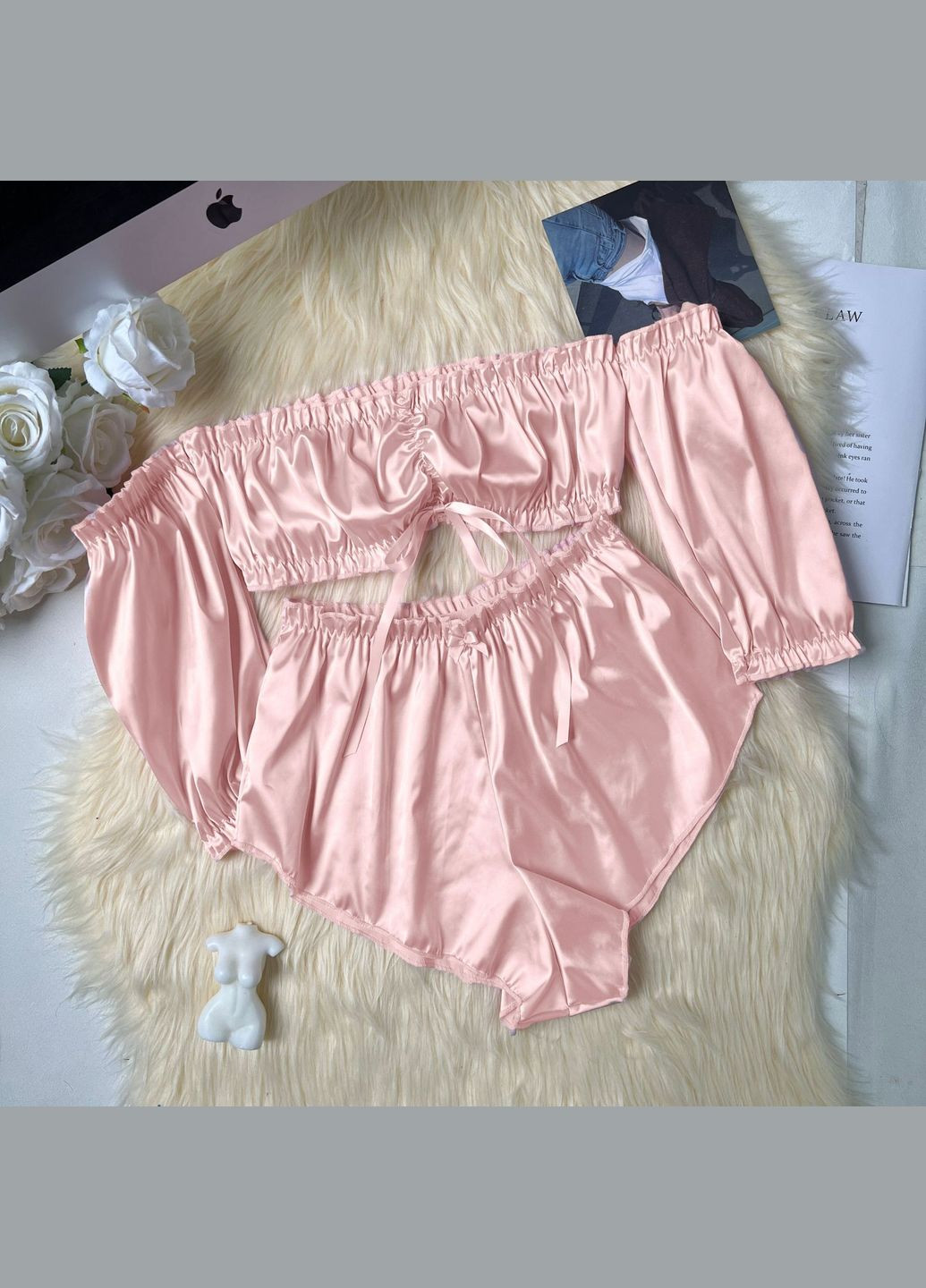 Світло-рожева всесезон жіноча піжама атласна топ та шортики топ + шорти Veronica