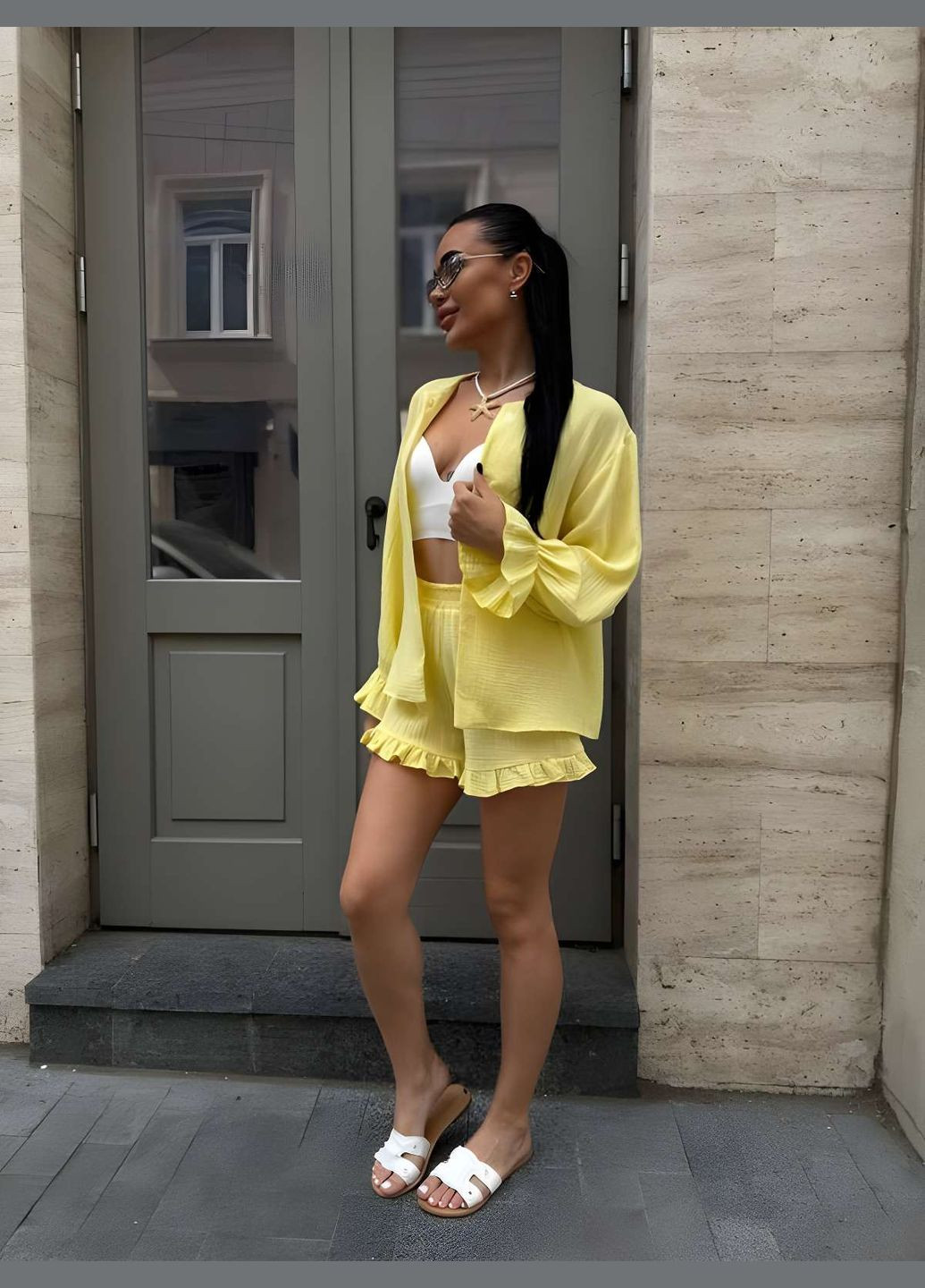 Женский летний костюм муслиновый костюм рубашка и шортики темно-бежевый No Brand (333143175)