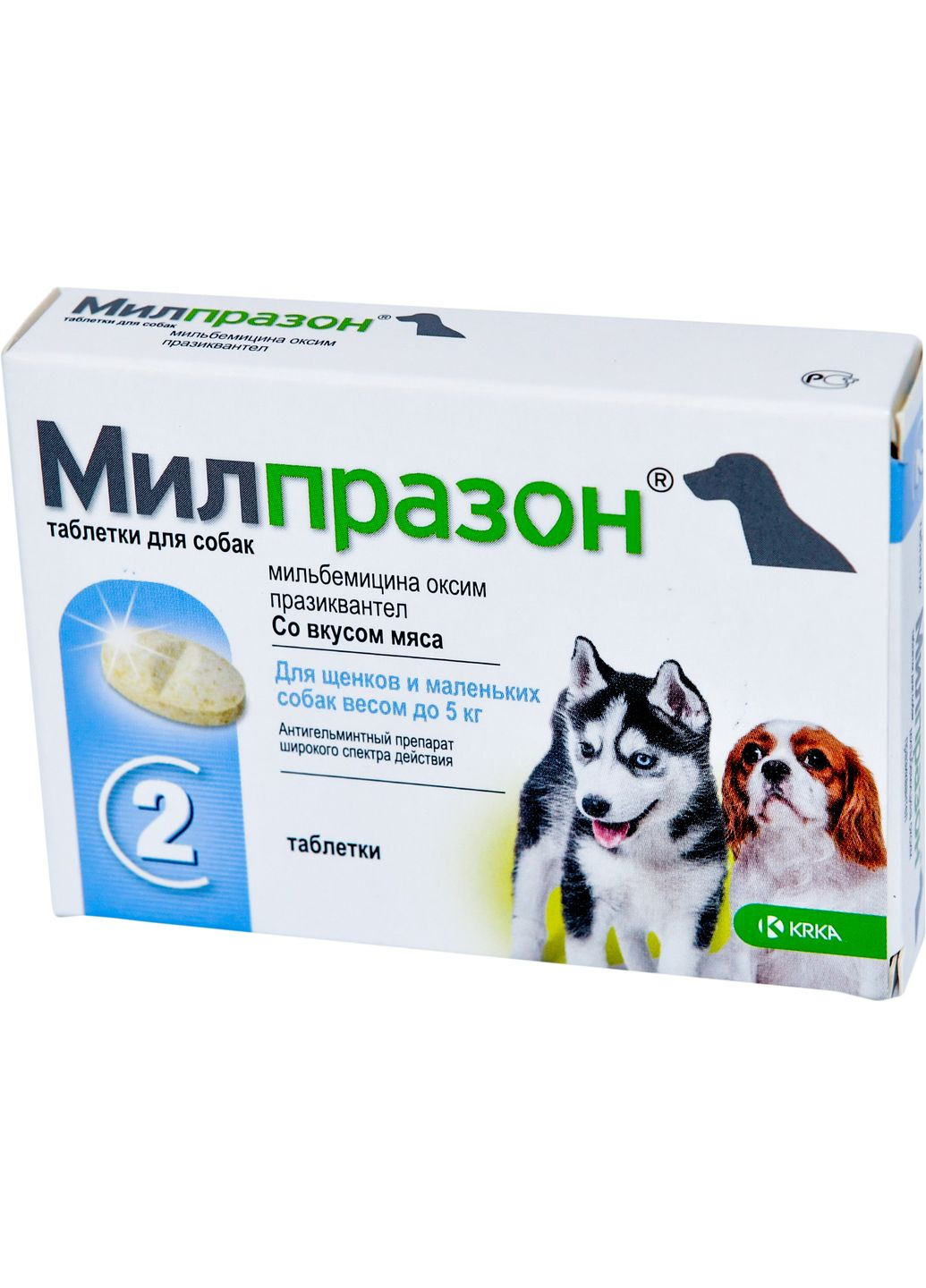Таблетки зі смаком м'яса для маленьких собак та цуценят Мілпразон до 5 кг 2 таб (3838989660796 / 3838989644758) KRKA (279566801)