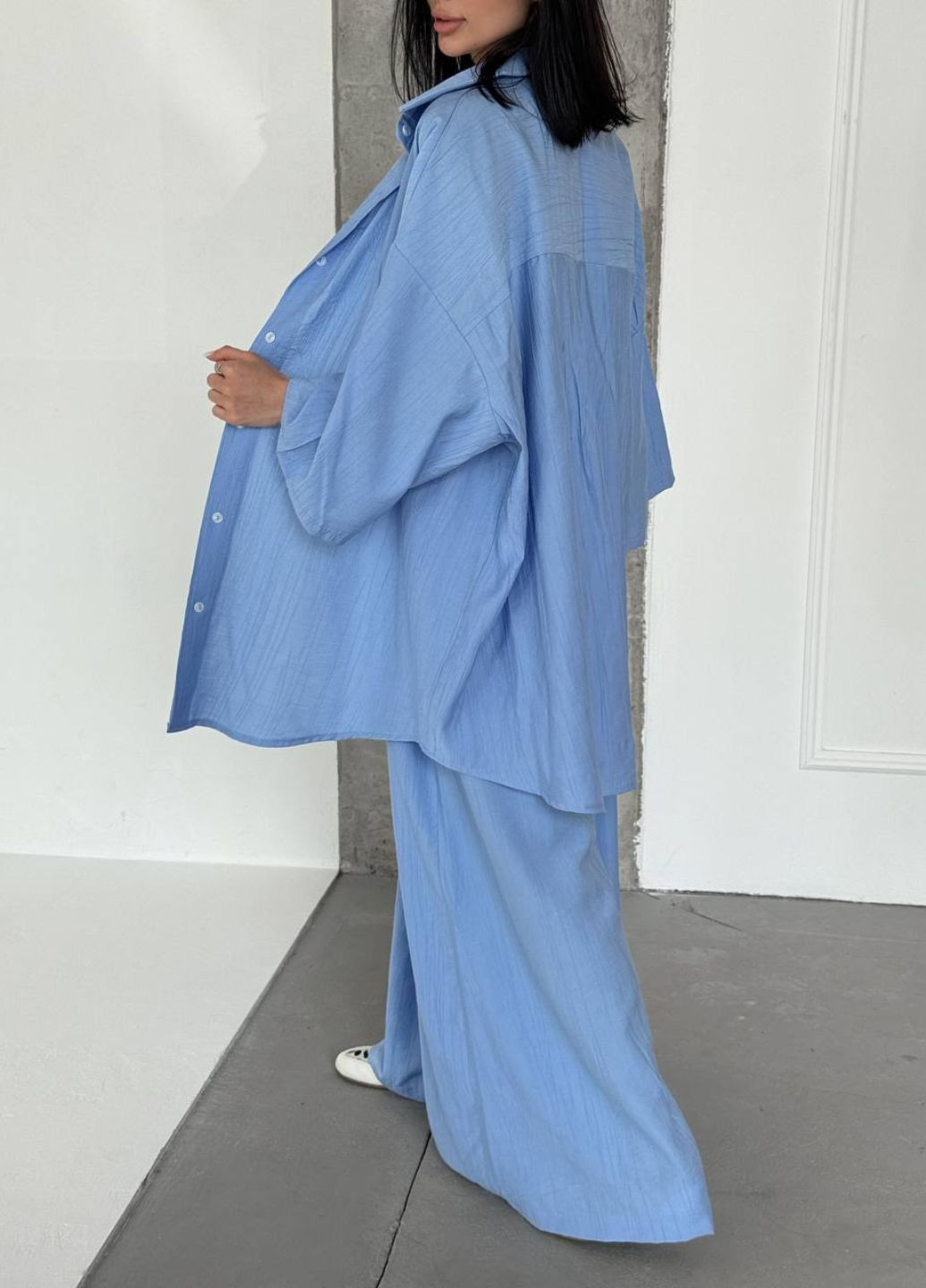 Изысканный легкий летний жатый оверсайз костюм двойка: рубашка + штаны Tik-Tak (350607371)