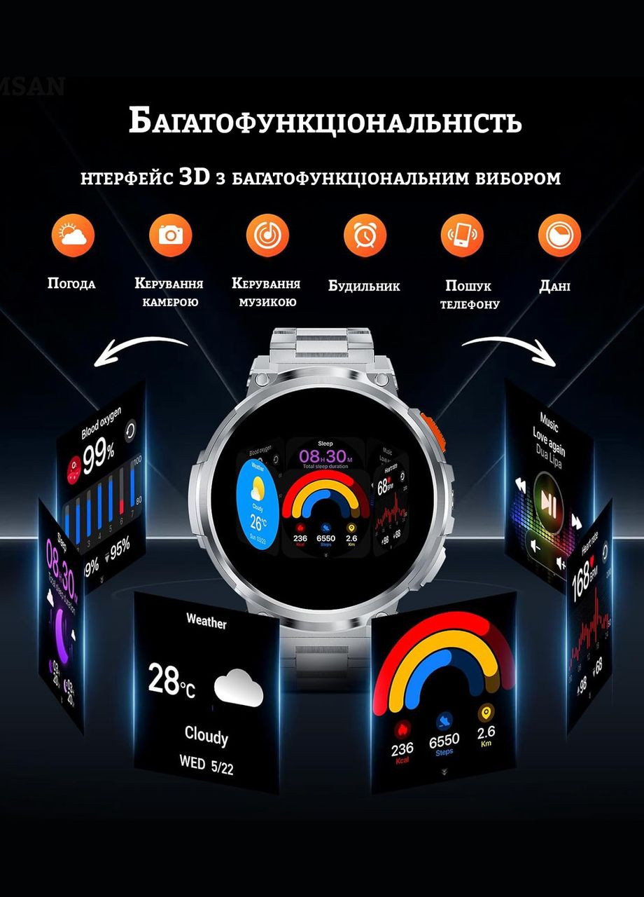 Мужские смарт-часы Men's Premium 1.85" для военных со светодиодным фонариком с Bluetooth-звонками водонепрониц Smart Watch (333827475)