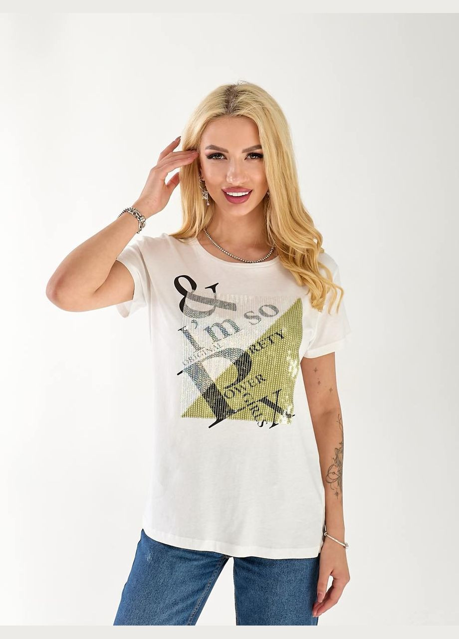 Жіноча бавовняна футболка з паєтками білого кольору 33504 Fashion - (335980486)