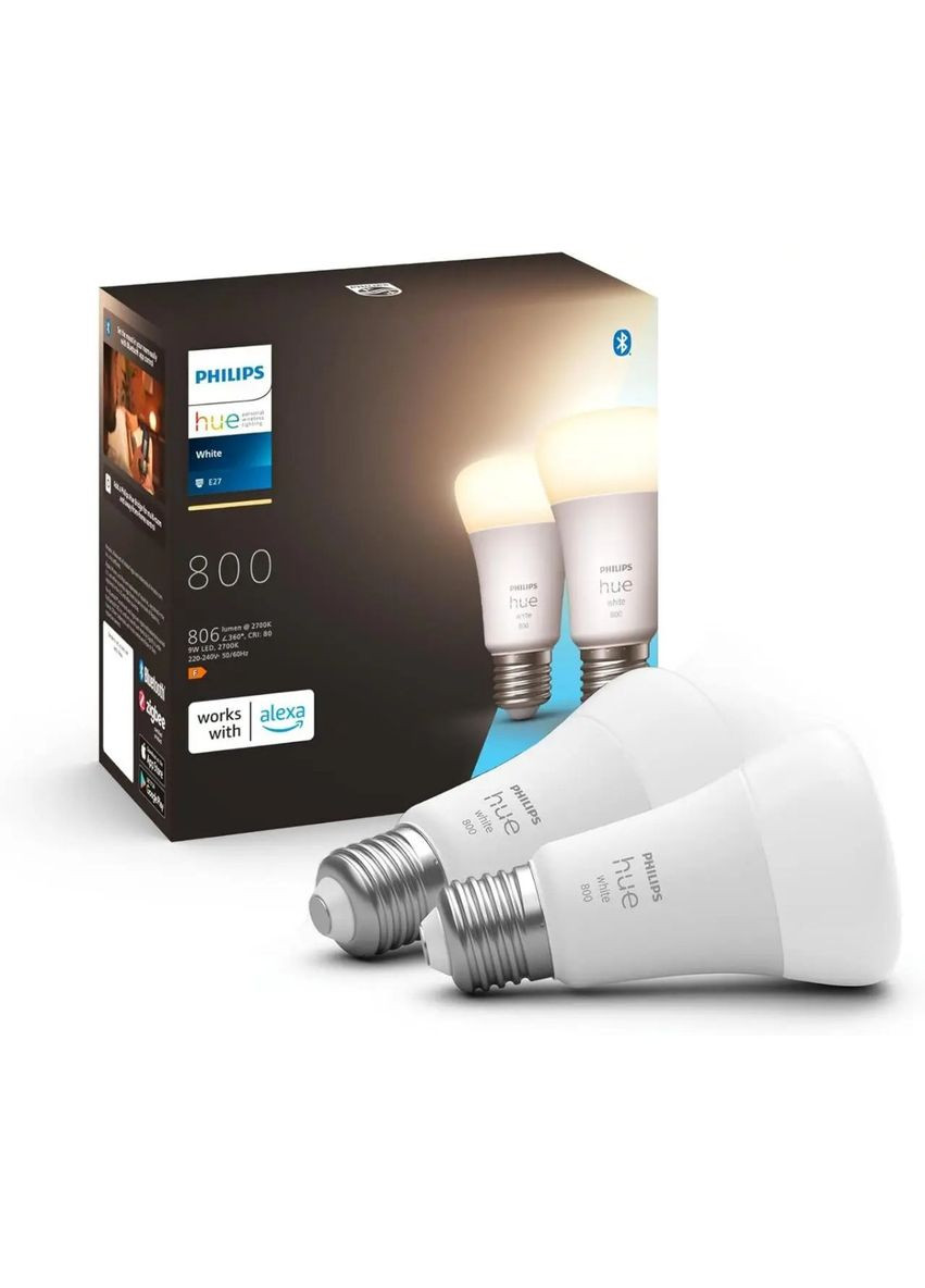 Hue Smart LED 9 Вт E27 800 лм, регульована тепла світлодіодна лампа,Bluetooth + Zigbee,сумісна з Alexa Philips (372154191)