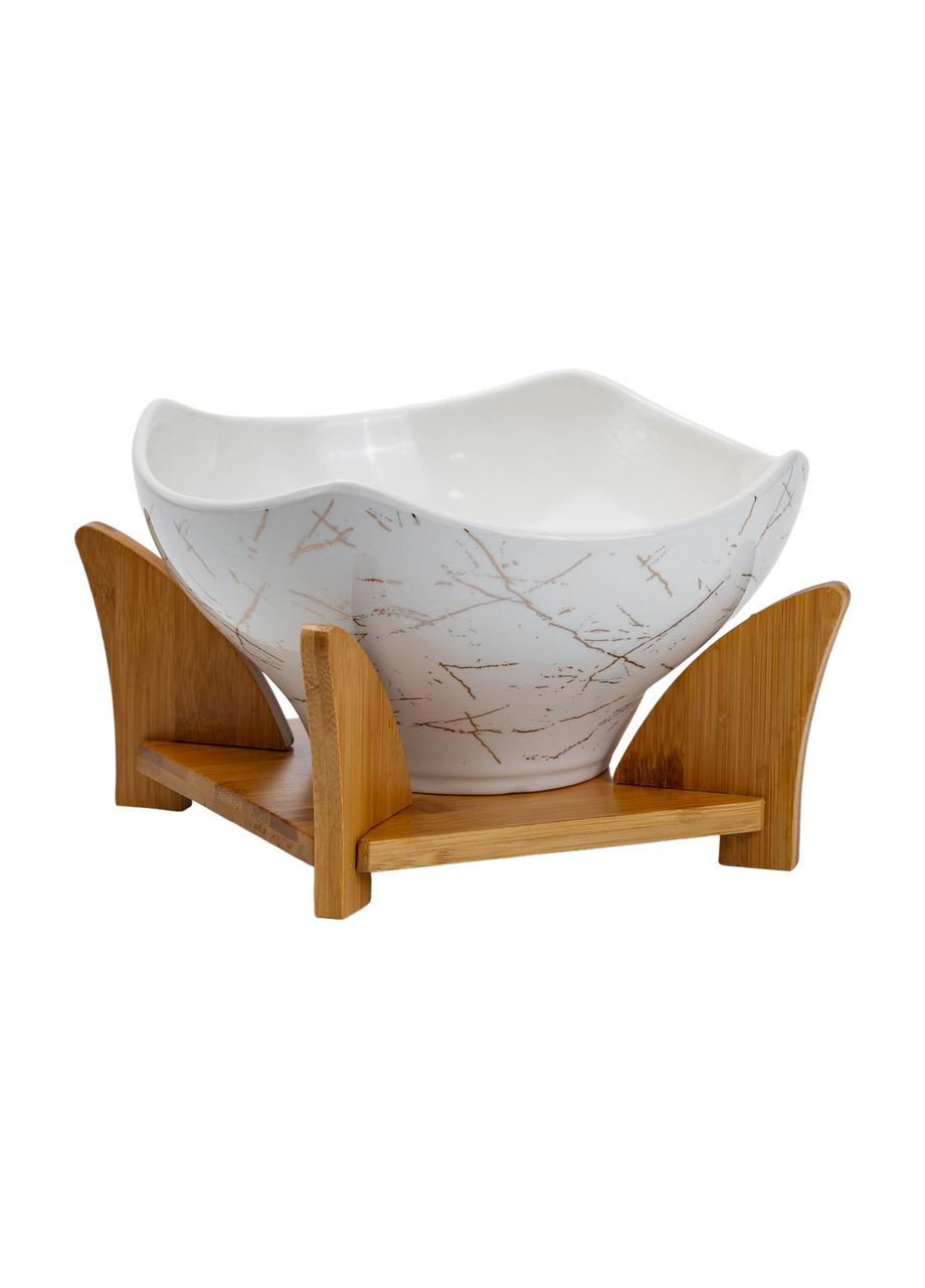 Салатниця га бамбуковій підставці з виделкою і ложкою 22*22*14 см Білий HP1228 Yiwu (353503165)