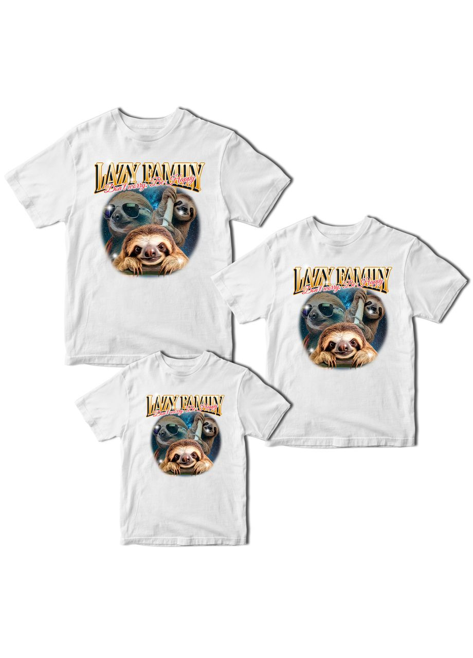 Футболки білі Фемілі Лук Family Look для всієї родини "Lazy Family. Don't worry. Be happy" Кавун футболка (316304585)