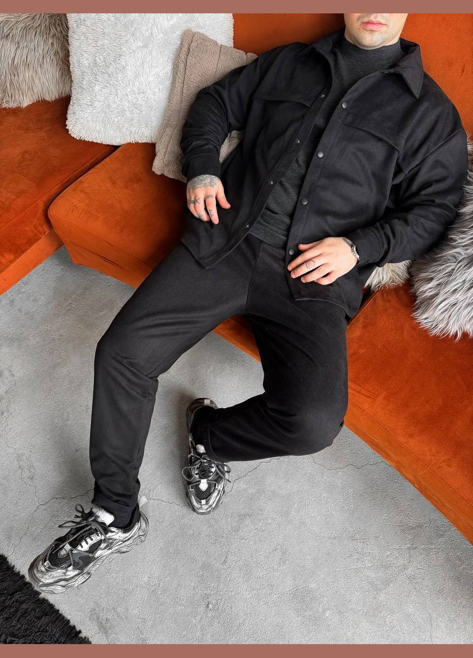 Черный демисезонный замшевый костюм двойка с рубашкой, брючный Україна