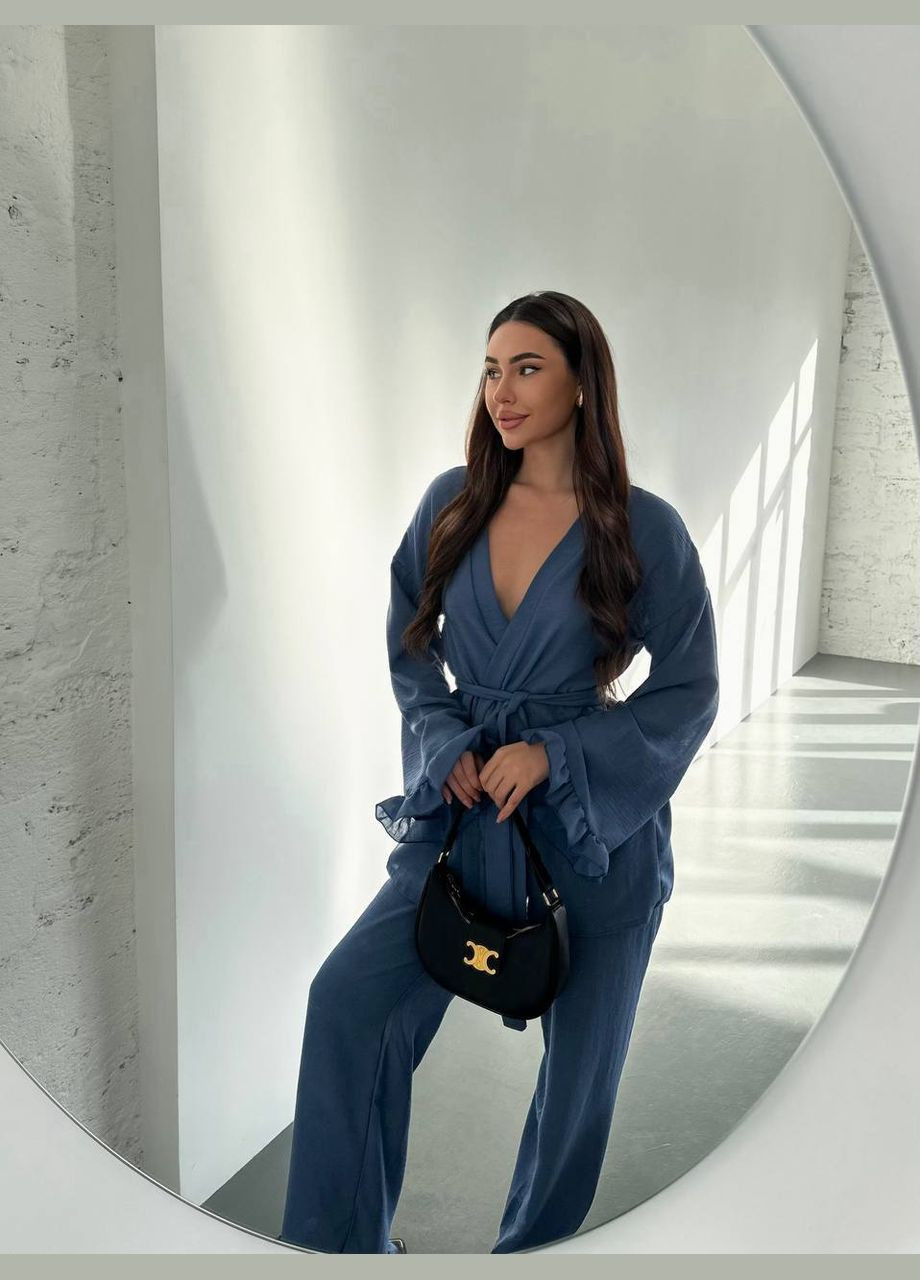 Якісний лляний костюм двійка (кімоно+брюки) з поясом у комплекті, приємний до тіла синій костюм із натуральної тканини No Brand 1576-1 (301407573)