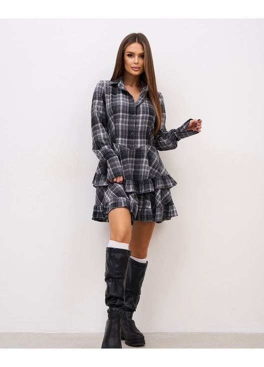 Сіра повсякденний, кежуал картата сукня-сорочка з ярусним низом з спідницею-сонце ISSA PLUS в клітинку