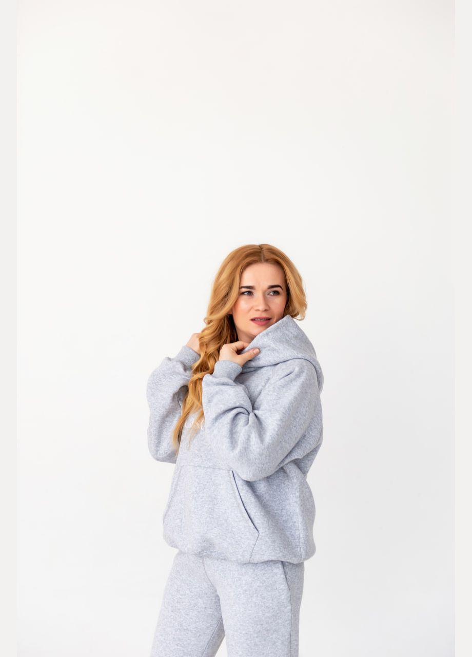 Сіре тепле зимове жіноче худі оверсайз з написом з малюнком з капюшоном з довгими рукавами No Brand (314838719)