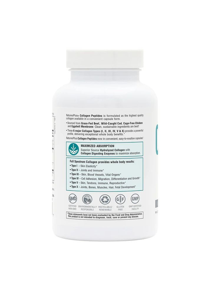 Пептиды коллагена Collagen Peptides (Type I, II, III, IV, V, X), 120 капсул Natures Plus (324771122)