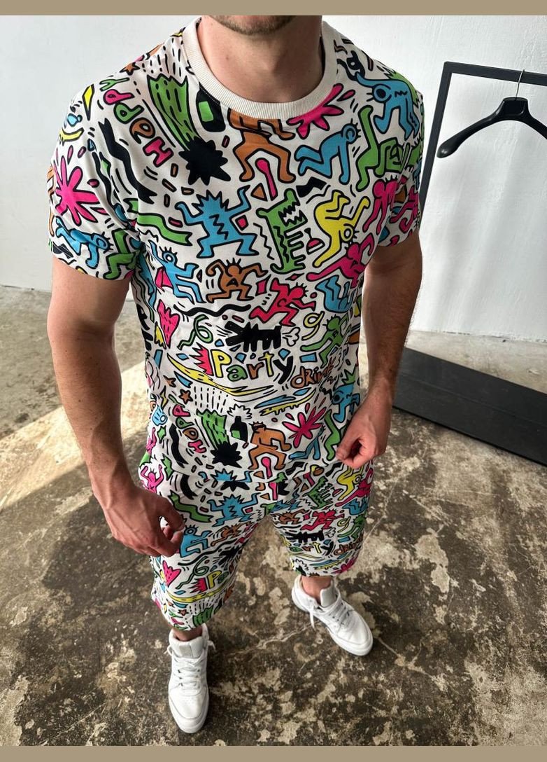 Білий чоловічий комфортний літній спортивний костюм-двійка з трендовим принтом No Brand (370963421)