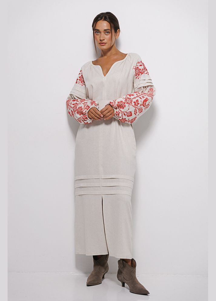 Бежевая довга сукня-вишиванка бежева з червоним деревом життя хрестиком Arjen лен (300591962)
