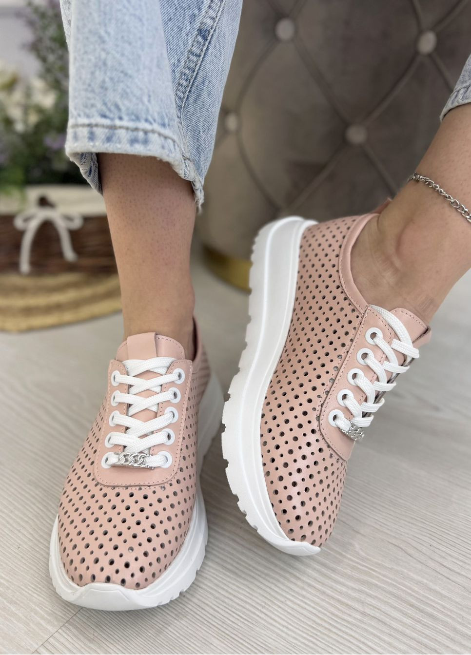 Мокасины кожаные женские, сквозная перфорация. Цвет пудра Vasha para СК-1202/16 шкіра пудра светло-розовые (350612623)