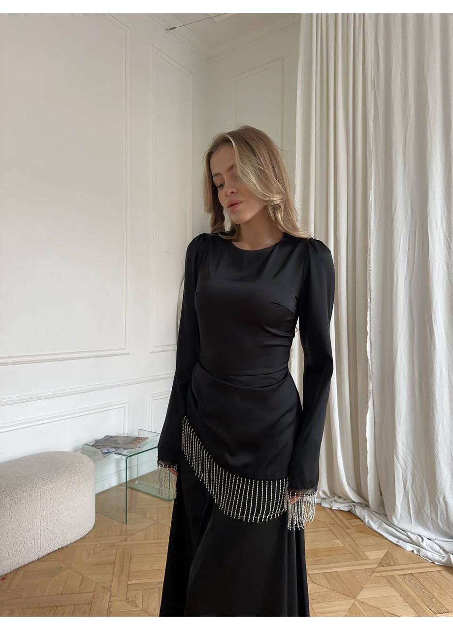 Черное праздничный элегантное платье из шелка армани с камнями — замеры в описании силуэтная GD/GL Модний простір однотонное