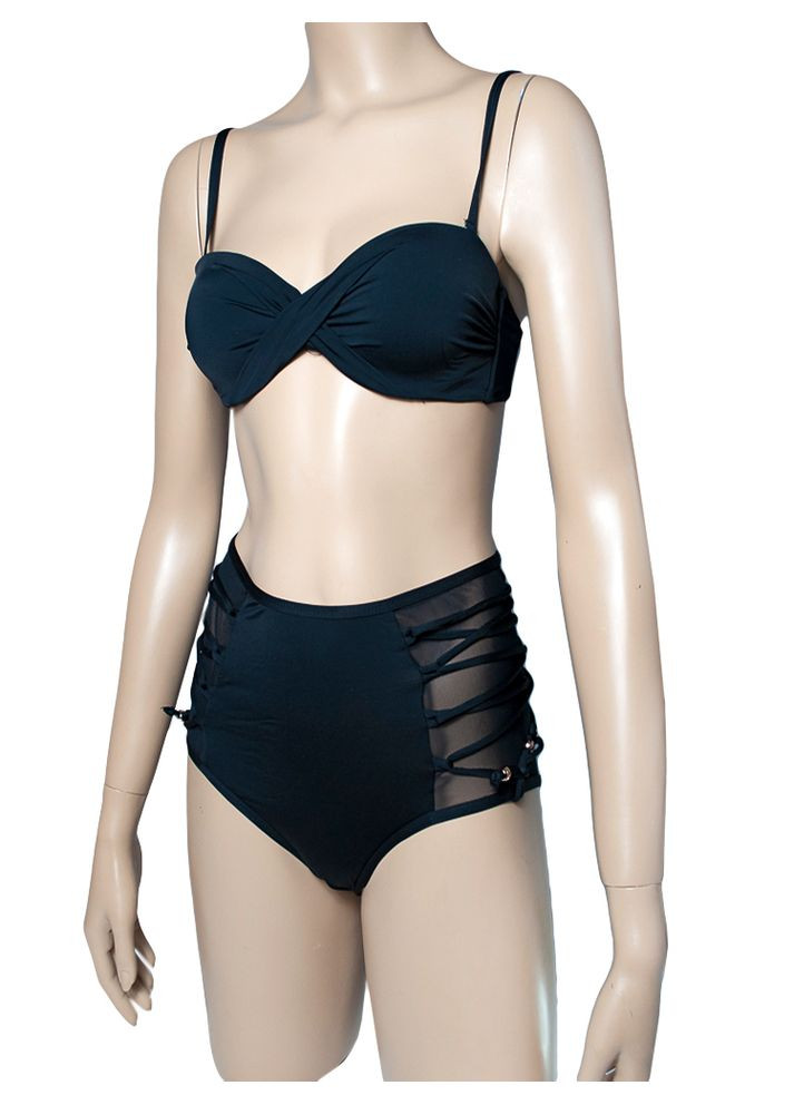 Комбинированный летний купальник пуш ап с талией черный стиль ретро модель 0015 размер арт.2028 раздельный Teres